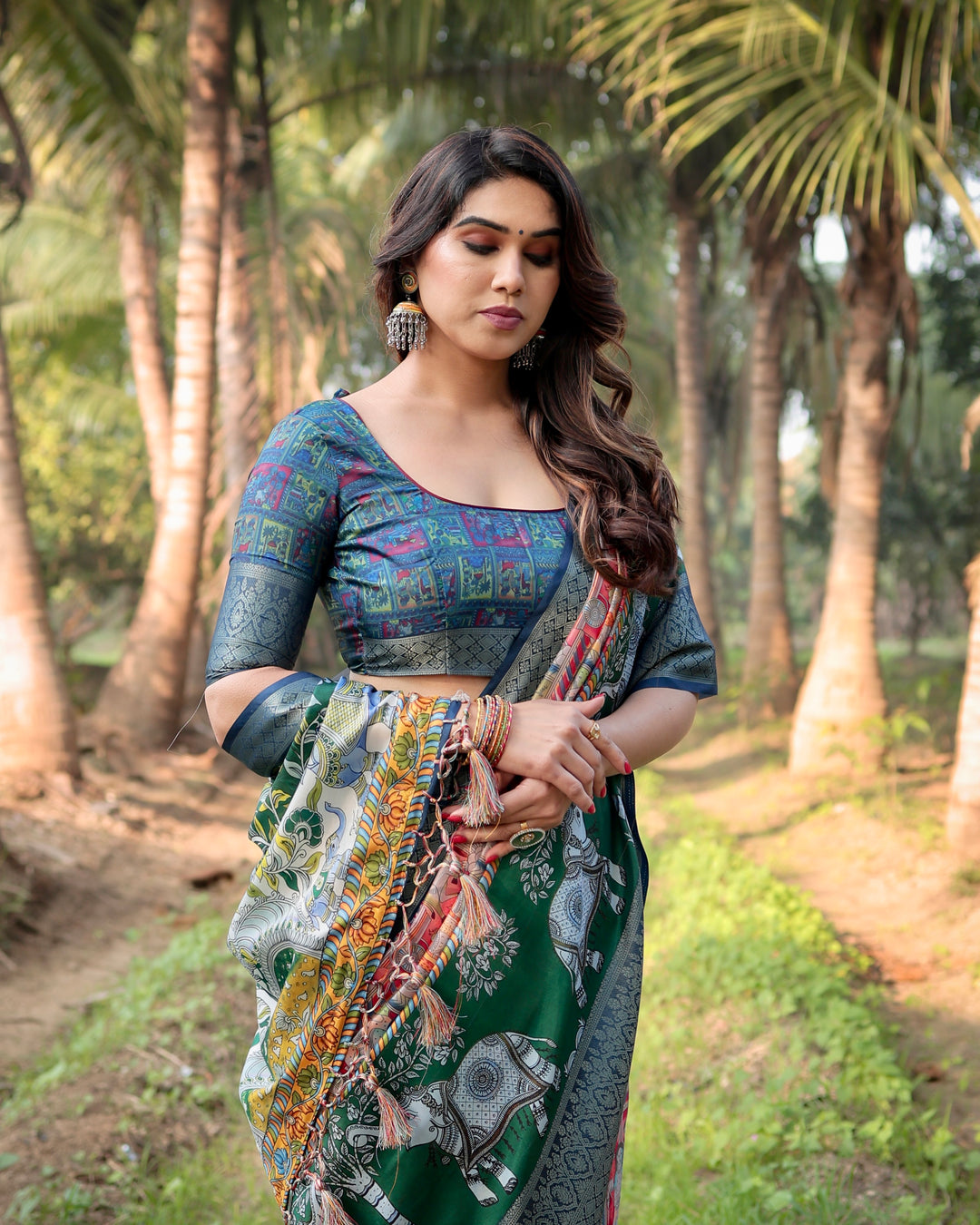 Emerald Green Tussar Silk Saree with Heritage Digital Print, Woven Border, Tassels & Attached Blouse