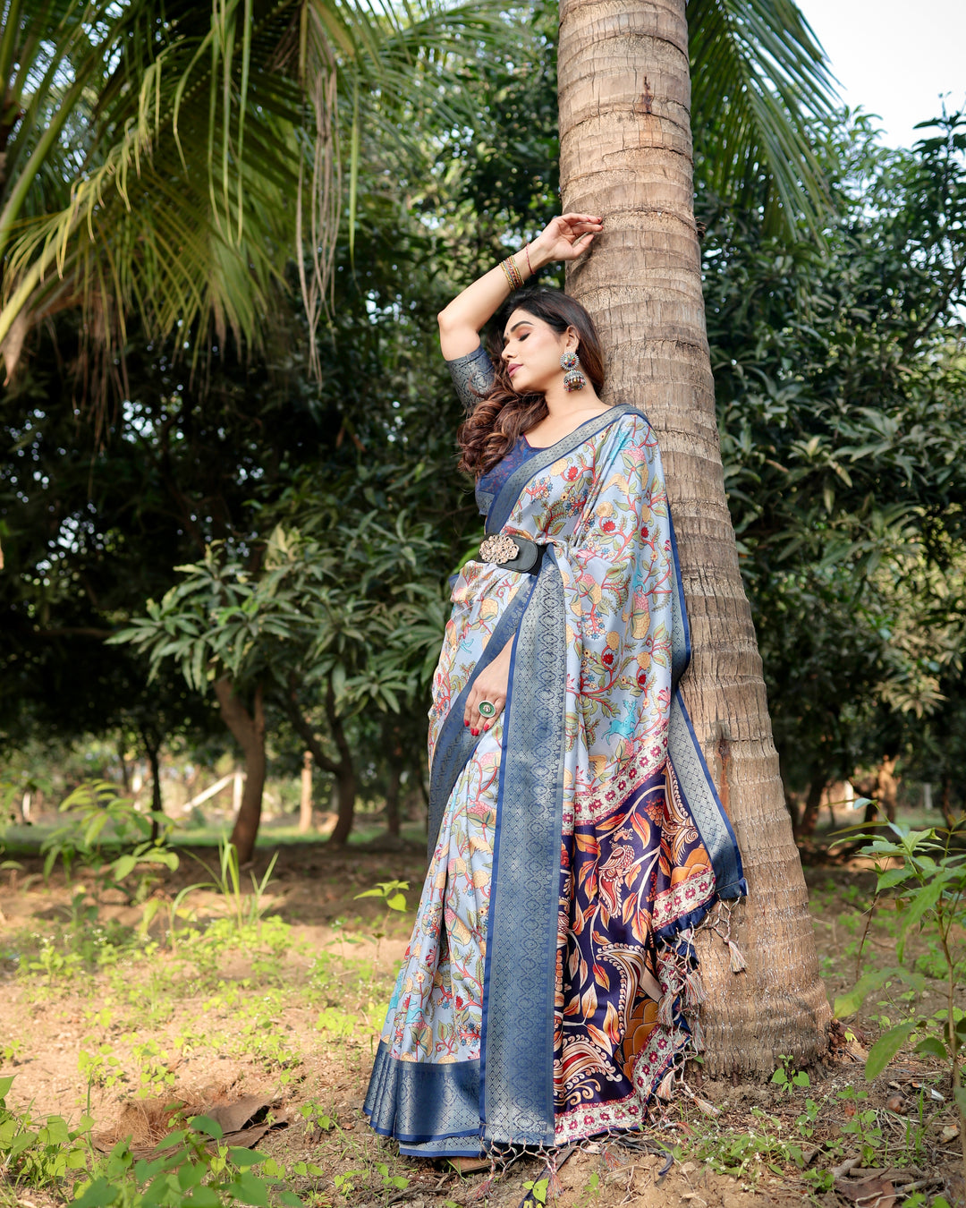 Powder Blue Tussar Silk Saree with Floral Kalamkari Print, Woven Border, Tassels & Attached Blouse