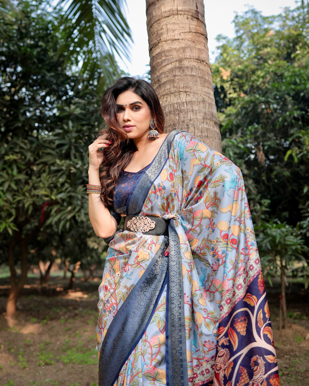Powder Blue Tussar Silk Saree with Floral Kalamkari Print, Woven Border, Tassels & Attached Blouse
