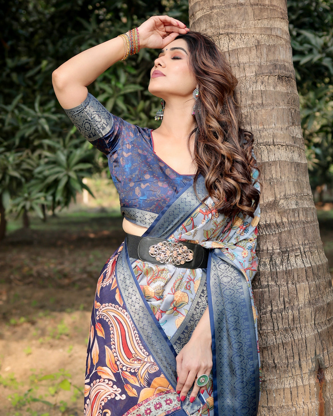 Powder Blue Tussar Silk Saree with Floral Kalamkari Print, Woven Border, Tassels & Attached Blouse