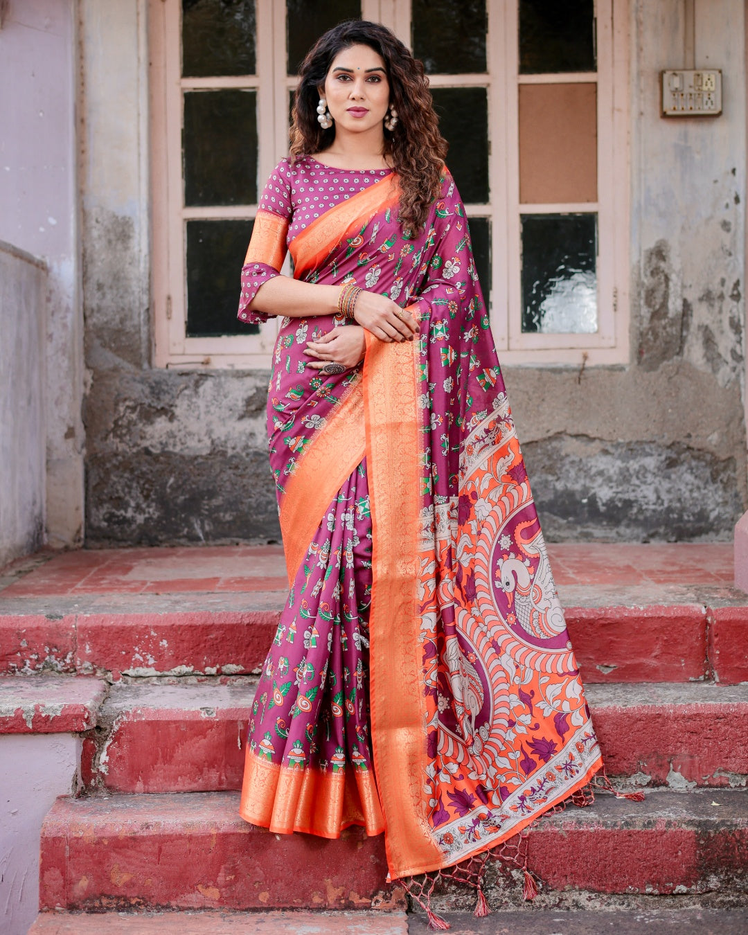 Wine Tussar Silk Saree with Multicolor Folk Print, Orange Zari Border, Peacock Pallu & Tassels
