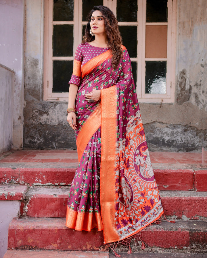 Wine Tussar Silk Saree with Multicolor Folk Print, Orange Zari Border, Peacock Pallu & Tassels