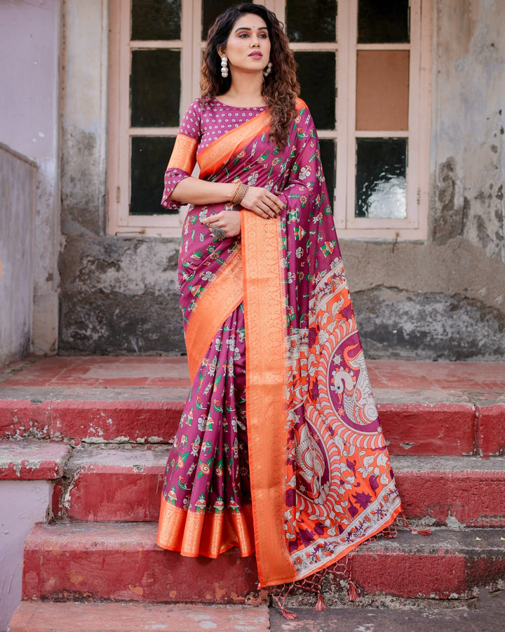 Wine Tussar Silk Saree with Multicolor Folk Print, Orange Zari Border, Peacock Pallu & Tassels