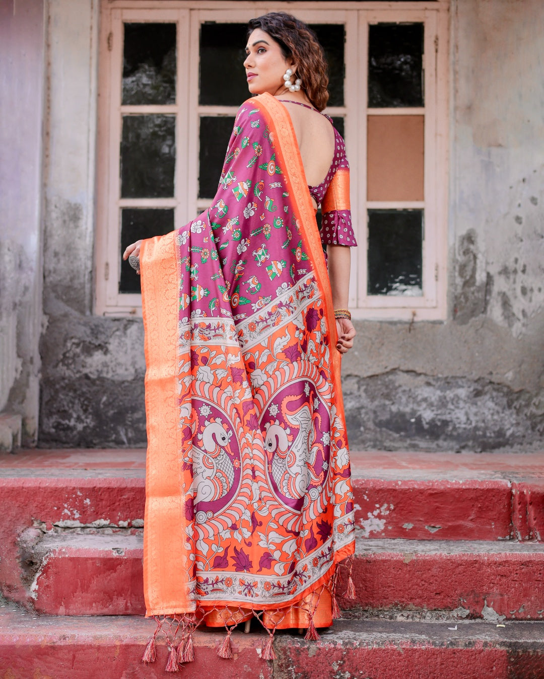 Wine Tussar Silk Saree with Multicolor Folk Print, Orange Zari Border, Peacock Pallu & Tassels