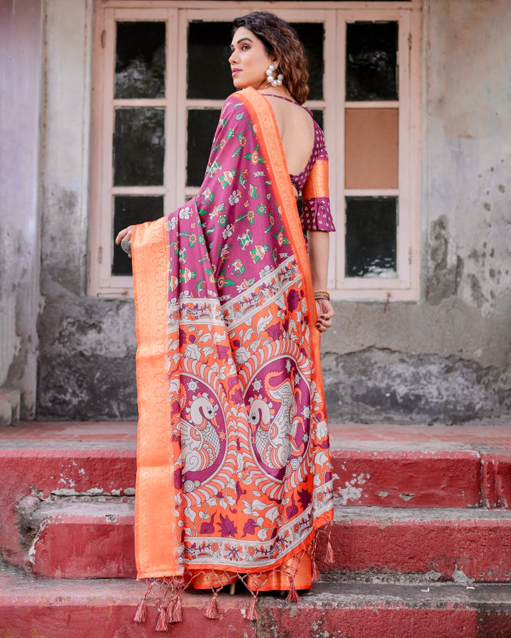 Wine Tussar Silk Saree with Multicolor Folk Print, Orange Zari Border, Peacock Pallu & Tassels