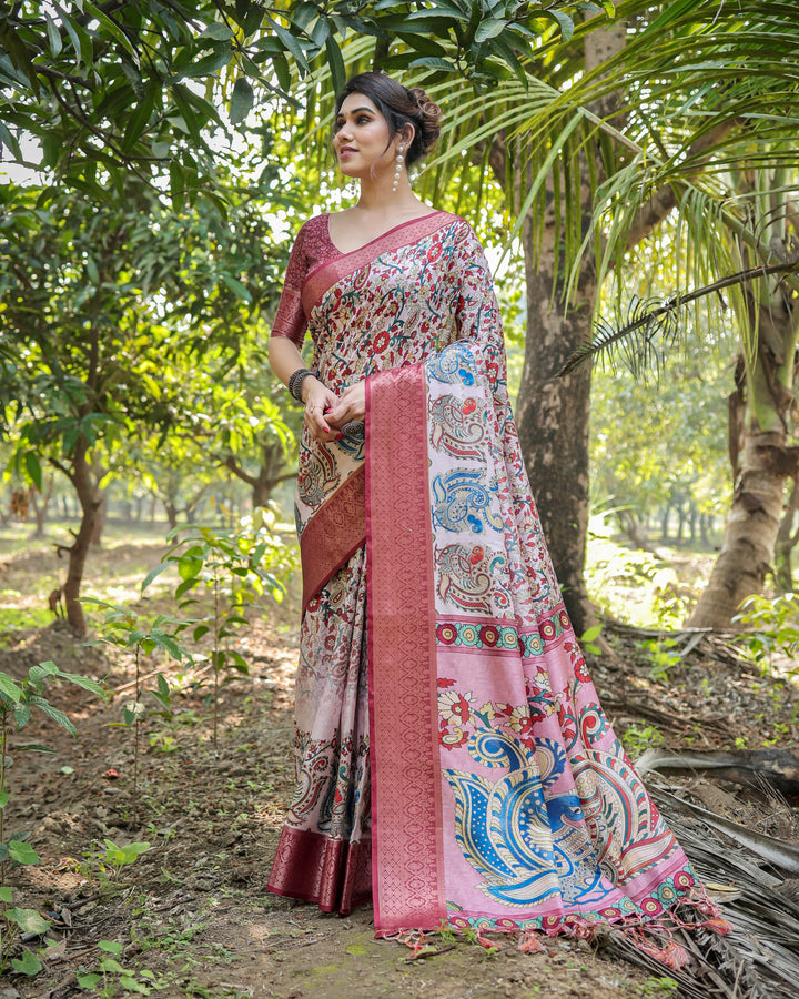 Ivory & Rose Pink Tussar Silk Saree with Kalamkari Floral Print, Peacock Pallu, Tassels & Attached Blouse
