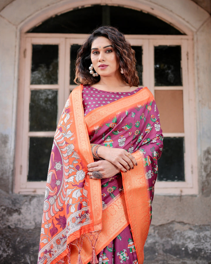 Wine Tussar Silk Saree with Multicolor Folk Print, Orange Zari Border, Peacock Pallu & Tassels
