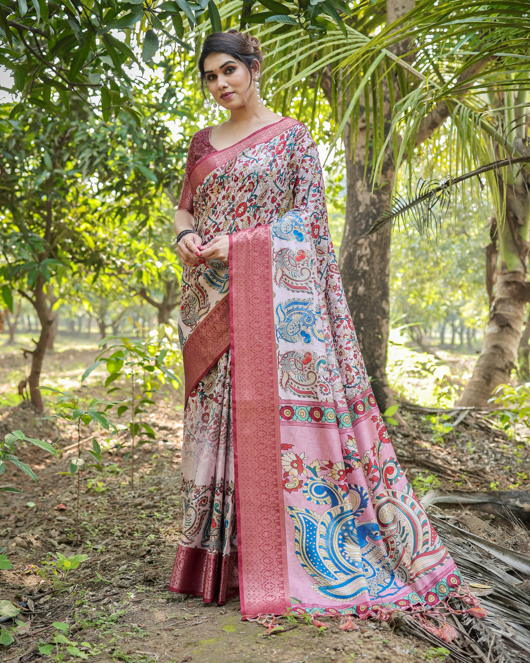 Ivory & Rose Pink Tussar Silk Saree with Kalamkari Floral Print, Peacock Pallu, Tassels & Attached Blouse