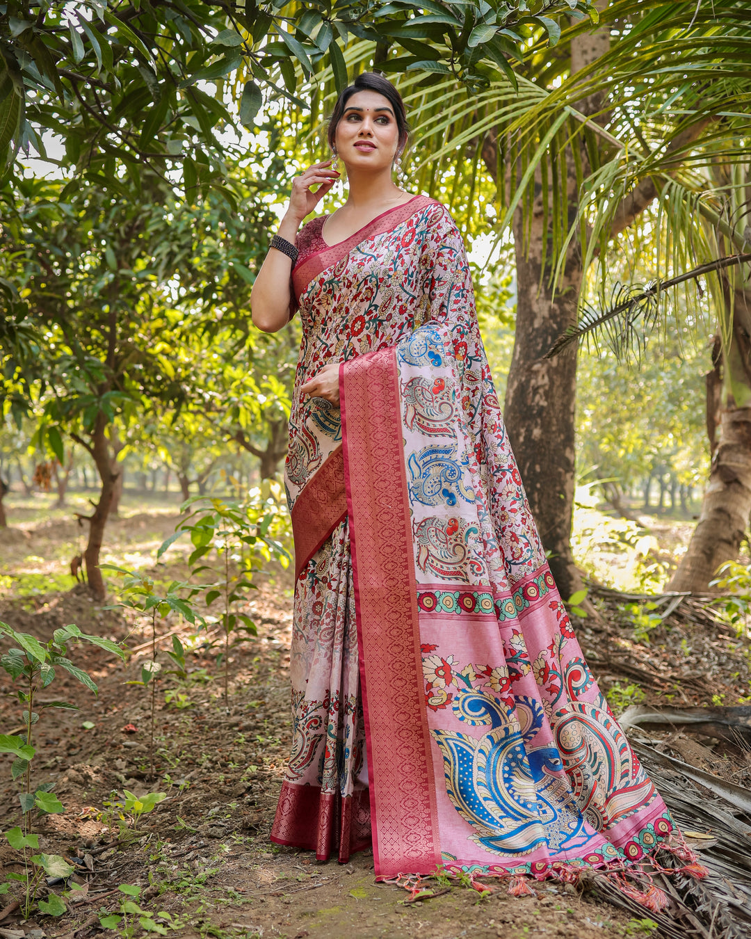 Ivory & Rose Pink Tussar Silk Saree with Kalamkari Floral Print, Peacock Pallu, Tassels & Attached Blouse