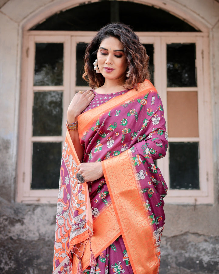 Wine Tussar Silk Saree with Multicolor Folk Print, Orange Zari Border, Peacock Pallu & Tassels