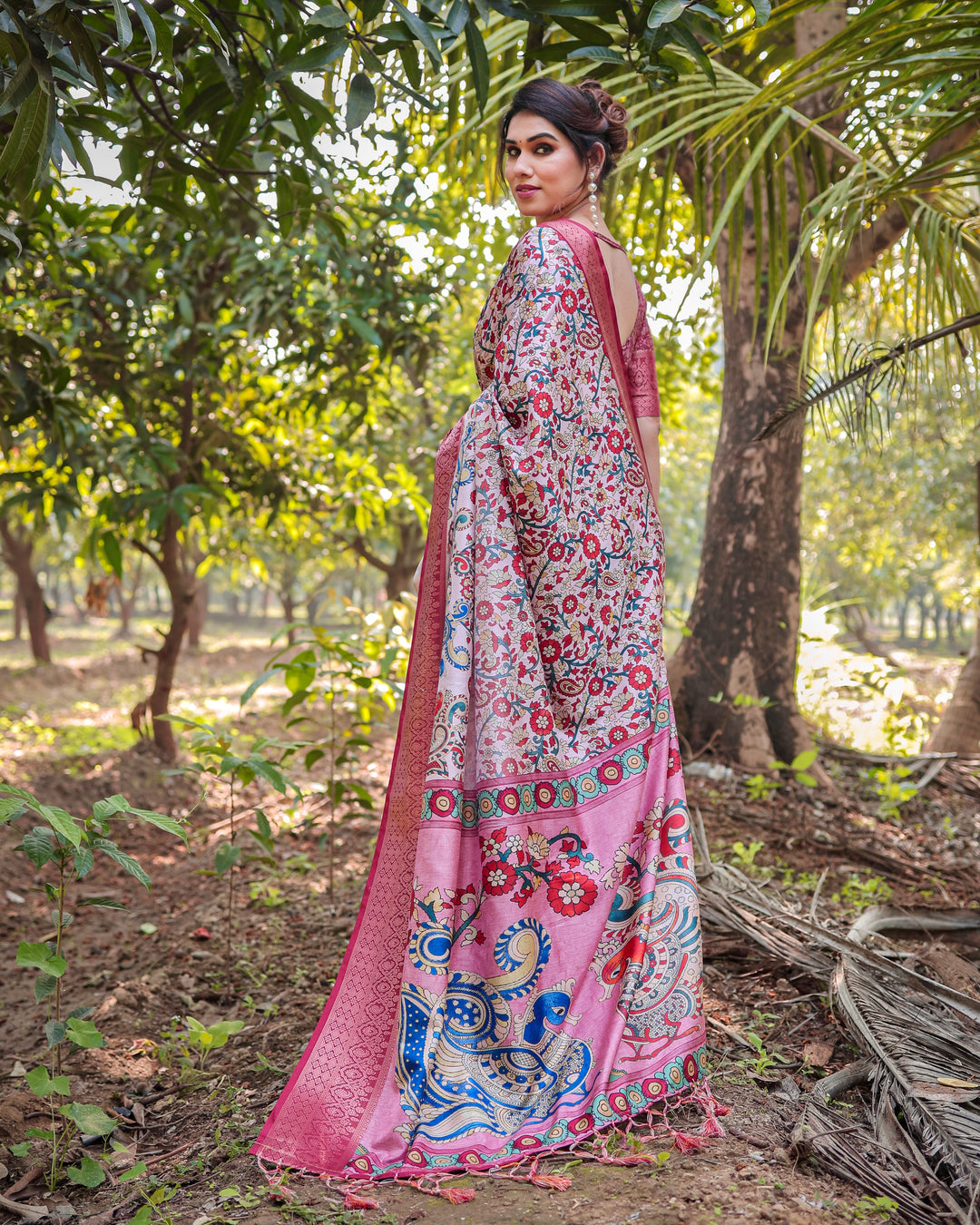 Ivory & Rose Pink Tussar Silk Saree with Kalamkari Floral Print, Peacock Pallu, Tassels & Attached Blouse