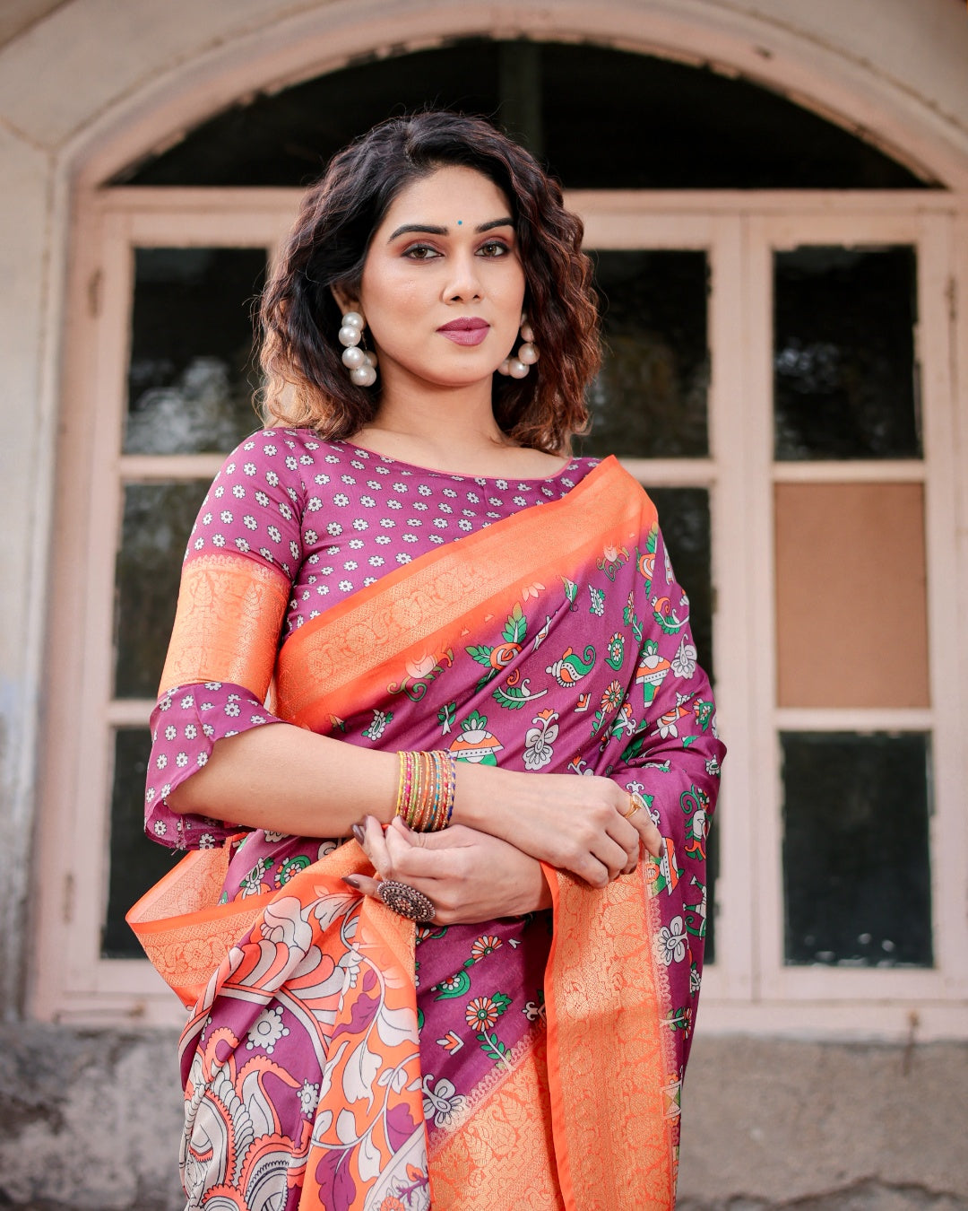Wine Tussar Silk Saree with Multicolor Folk Print, Orange Zari Border, Peacock Pallu & Tassels