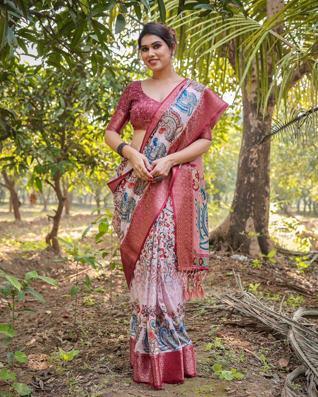 Ivory & Rose Pink Tussar Silk Saree with Kalamkari Floral Print, Peacock Pallu, Tassels & Attached Blouse