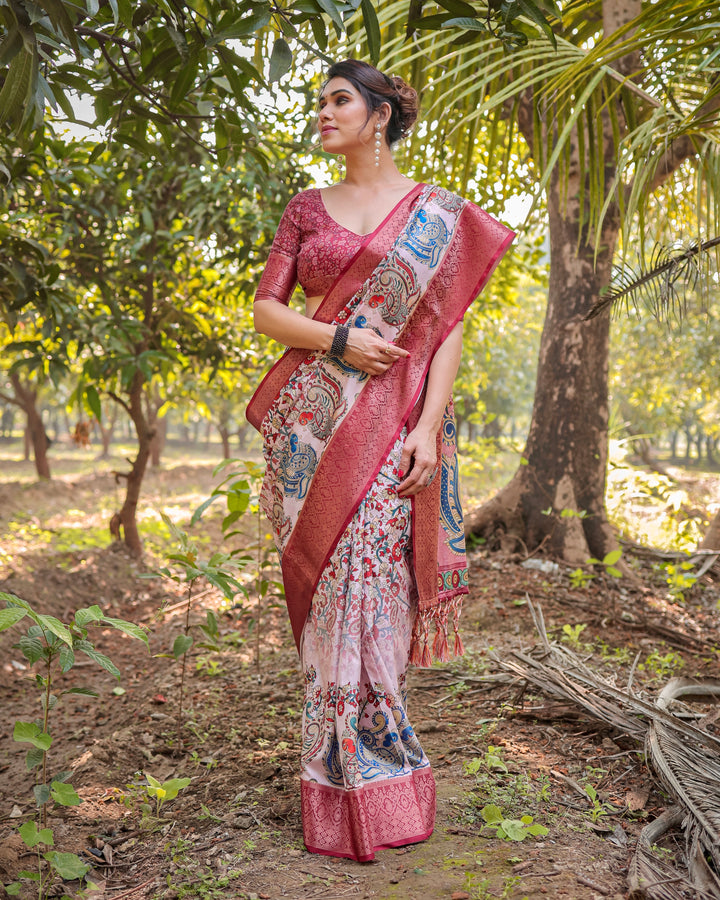 Ivory & Rose Pink Tussar Silk Saree with Kalamkari Floral Print, Peacock Pallu, Tassels & Attached Blouse