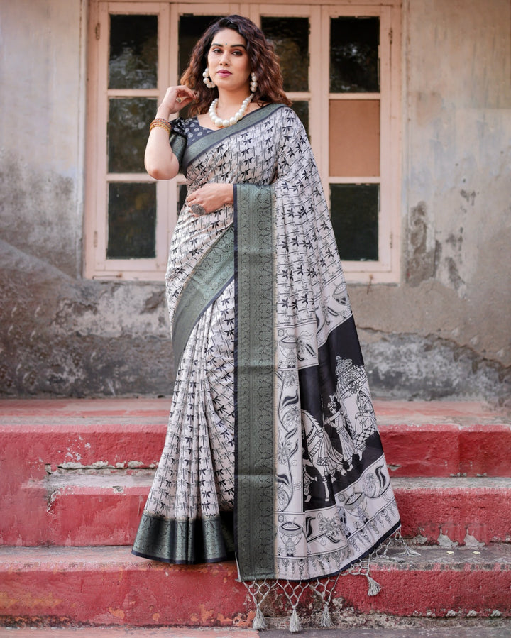 Ivory & Black Tussar Silk Saree with Dragonfly Print, Antique Zari Border, Artistic Pallu & Tassels