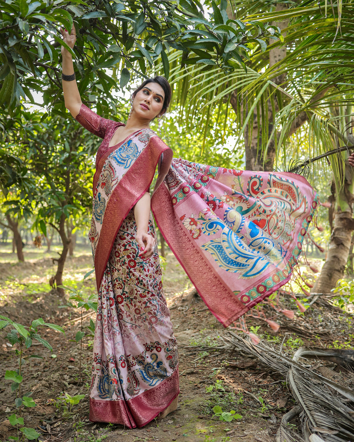 Ivory & Rose Pink Tussar Silk Saree with Kalamkari Floral Print, Peacock Pallu, Tassels & Attached Blouse