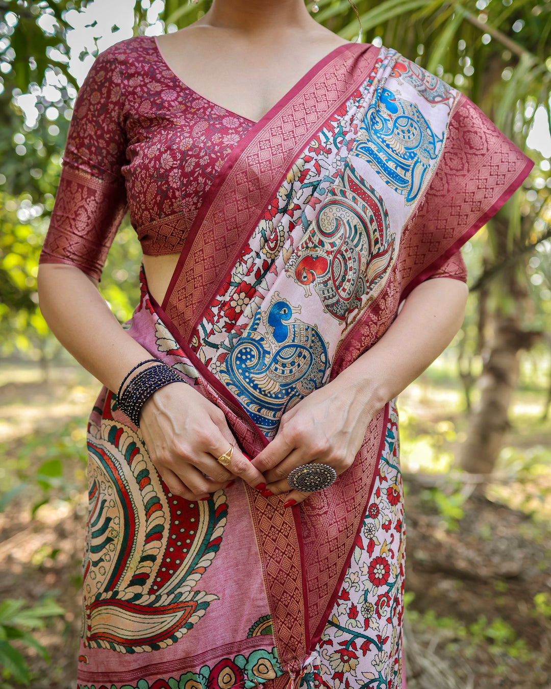 Ivory & Rose Pink Tussar Silk Saree with Kalamkari Floral Print, Peacock Pallu, Tassels & Attached Blouse