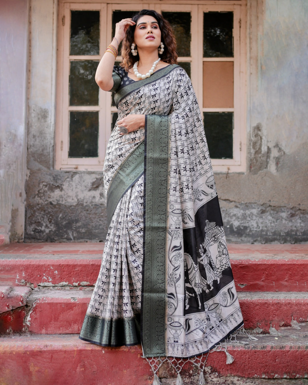 Ivory & Black Tussar Silk Saree with Dragonfly Print, Antique Zari Border, Artistic Pallu & Tassels
