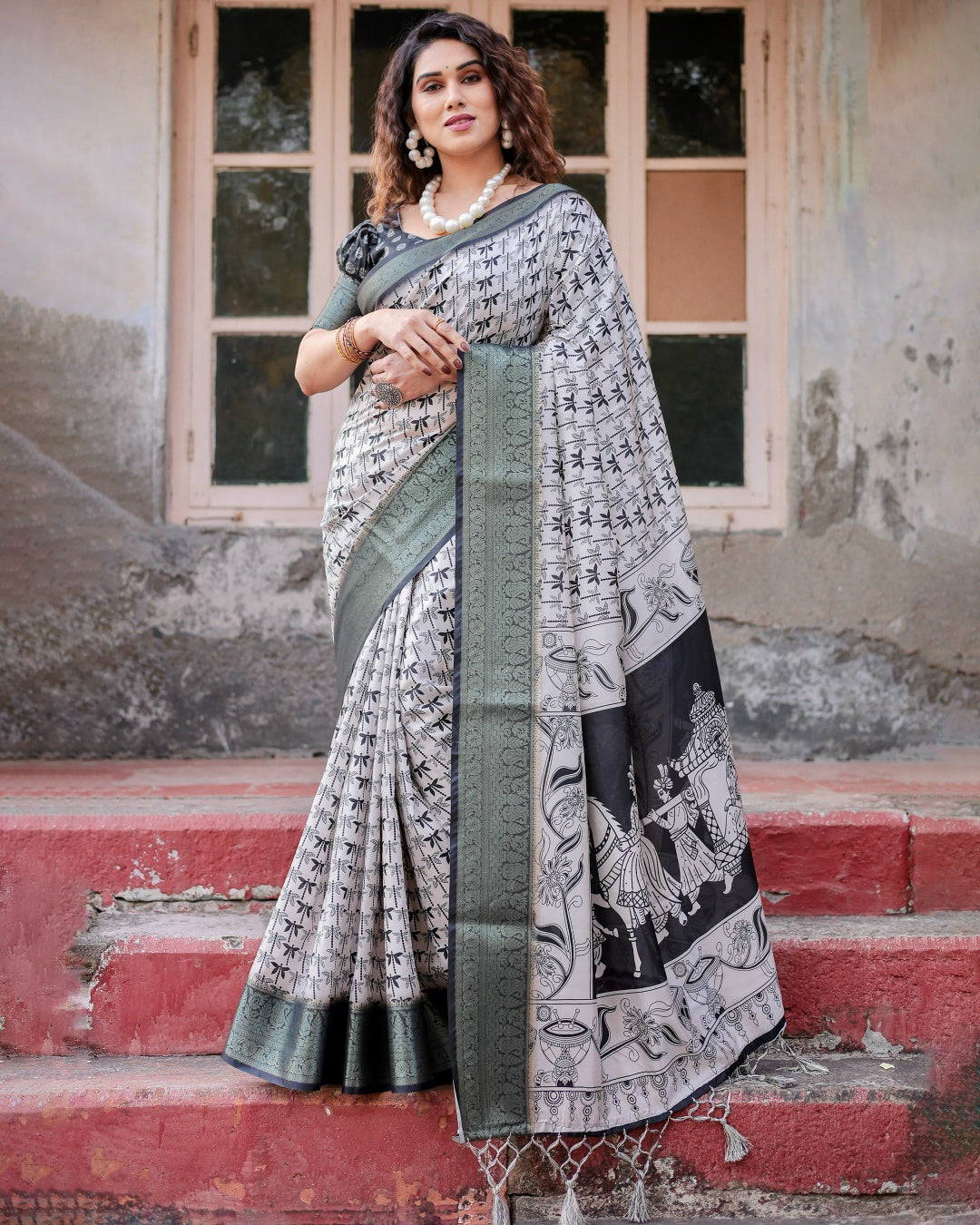 Ivory & Black Tussar Silk Saree with Dragonfly Print, Antique Zari Border, Artistic Pallu & Tassels