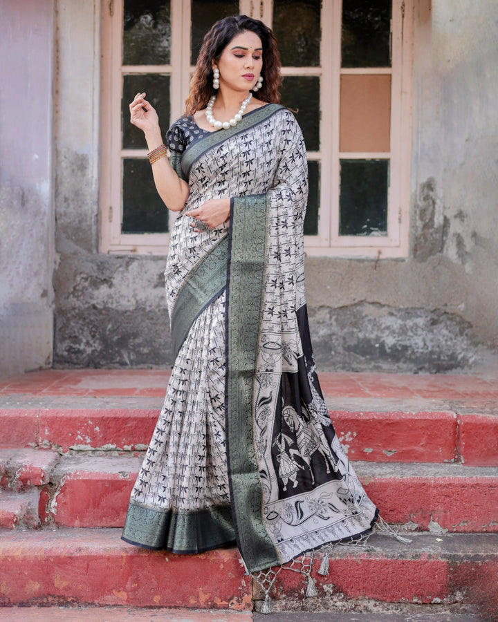 Ivory & Black Tussar Silk Saree with Dragonfly Print, Antique Zari Border, Artistic Pallu & Tassels