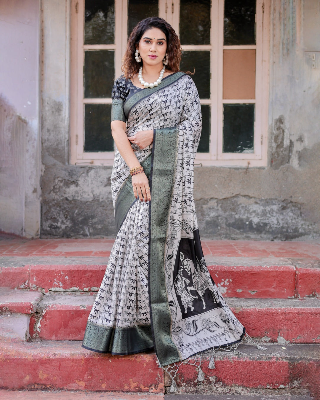 Ivory & Black Tussar Silk Saree with Dragonfly Print, Antique Zari Border, Artistic Pallu & Tassels
