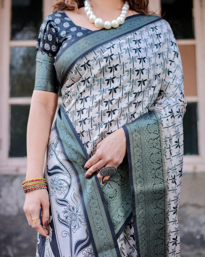 Ivory & Black Tussar Silk Saree with Dragonfly Print, Antique Zari Border, Artistic Pallu & Tassels