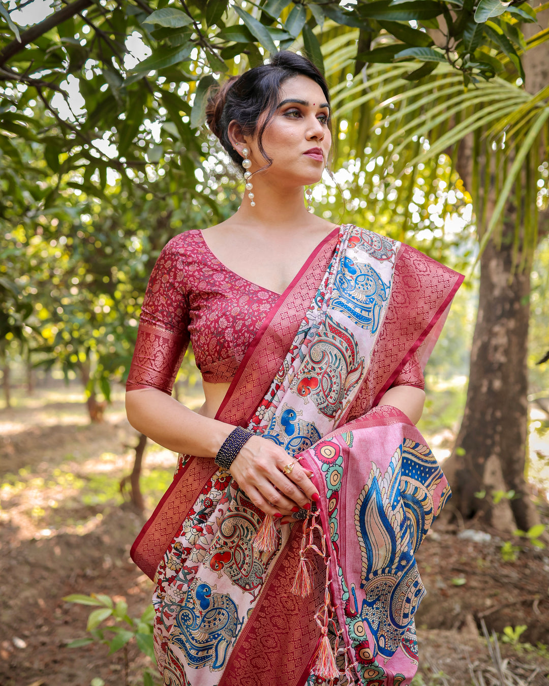 Ivory & Rose Pink Tussar Silk Saree with Kalamkari Floral Print, Peacock Pallu, Tassels & Attached Blouse