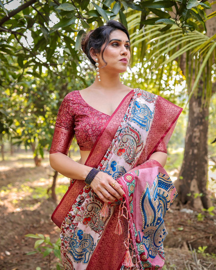 Ivory & Rose Pink Tussar Silk Saree with Kalamkari Floral Print, Peacock Pallu, Tassels & Attached Blouse