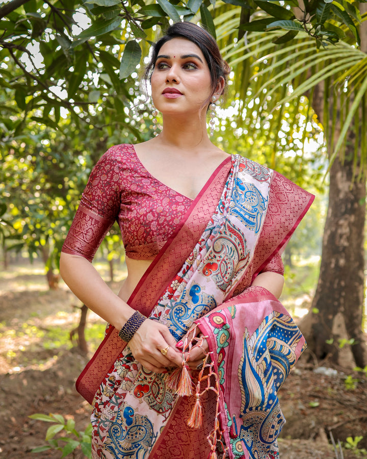 Ivory & Rose Pink Tussar Silk Saree with Kalamkari Floral Print, Peacock Pallu, Tassels & Attached Blouse