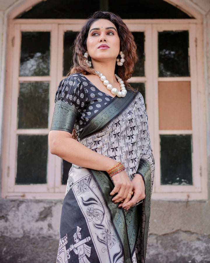 Ivory & Black Tussar Silk Saree with Dragonfly Print, Antique Zari Border, Artistic Pallu & Tassels