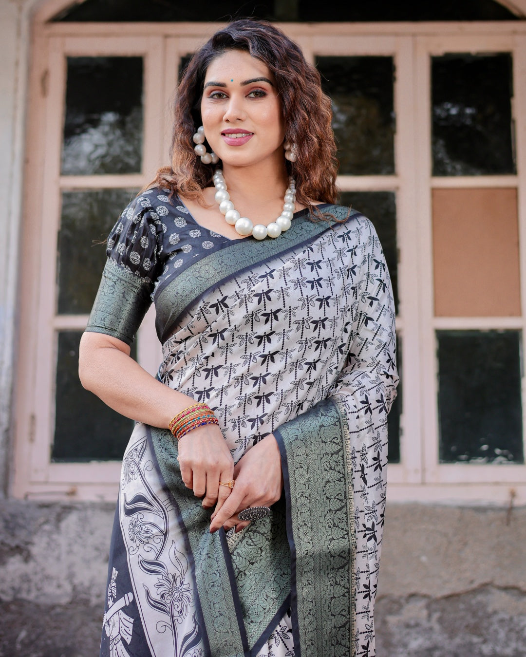 Ivory & Black Tussar Silk Saree with Dragonfly Print, Antique Zari Border, Artistic Pallu & Tassels