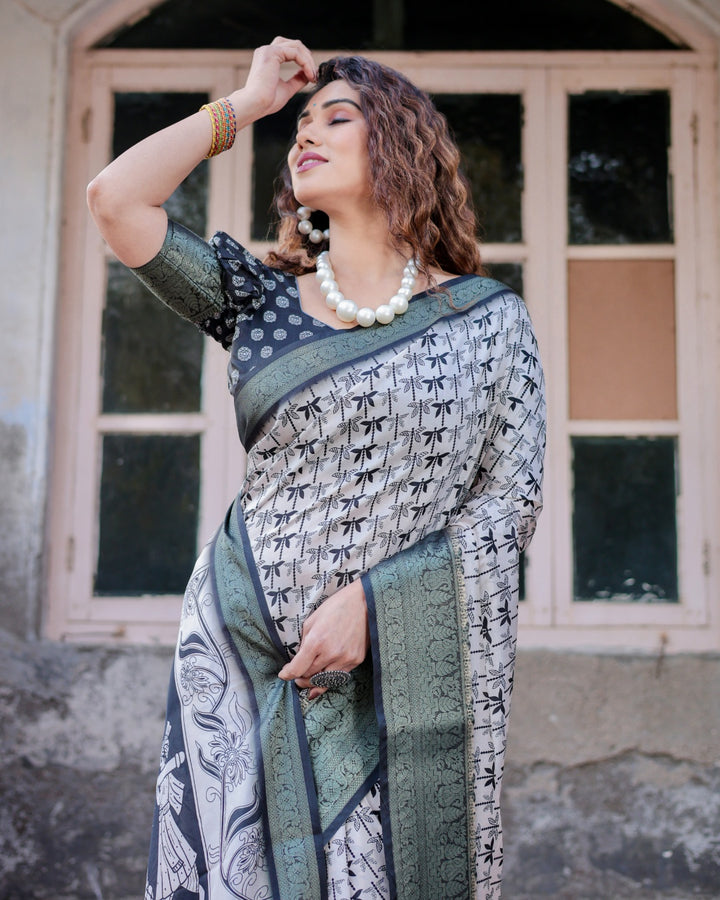 Ivory & Black Tussar Silk Saree with Dragonfly Print, Antique Zari Border, Artistic Pallu & Tassels