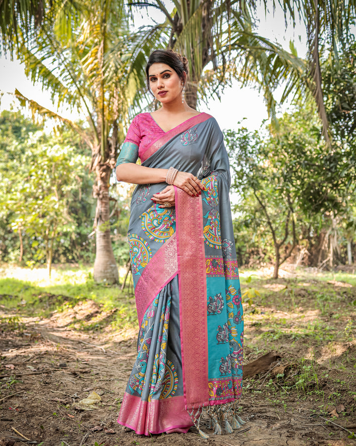 Slate Grey Tussar Silk Saree with Madhubani-Inspired Print, Pink Woven Border, Tassels & Attached Blouse