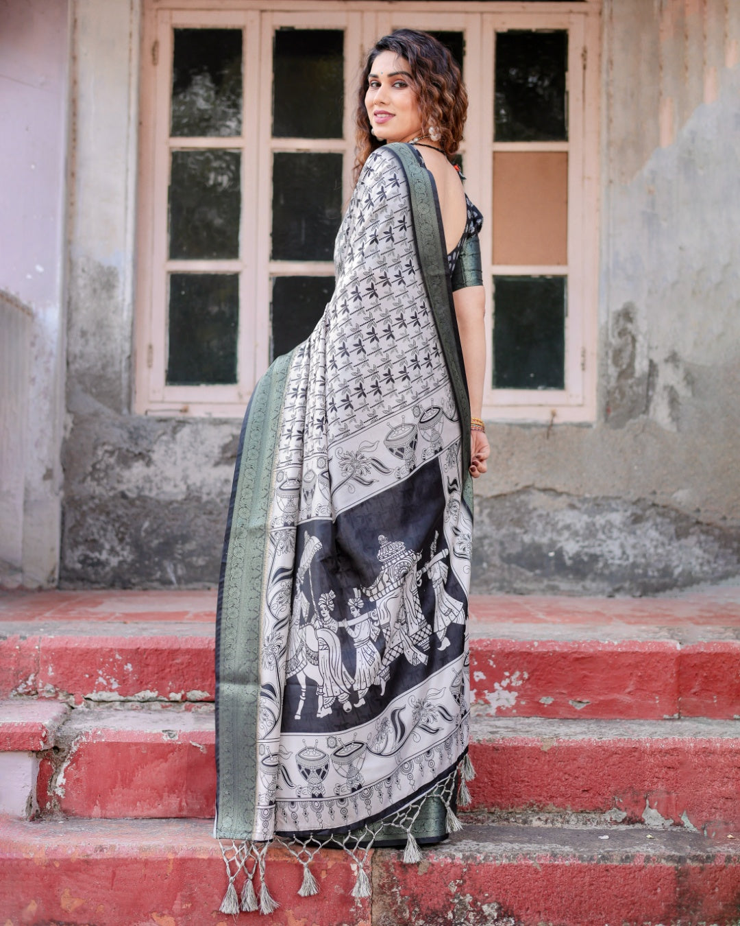 Ivory & Black Tussar Silk Saree with Dragonfly Print, Antique Zari Border, Artistic Pallu & Tassels