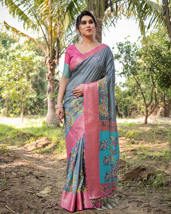 Slate Grey Tussar Silk Saree with Madhubani-Inspired Print, Pink Woven Border, Tassels & Attached Blouse