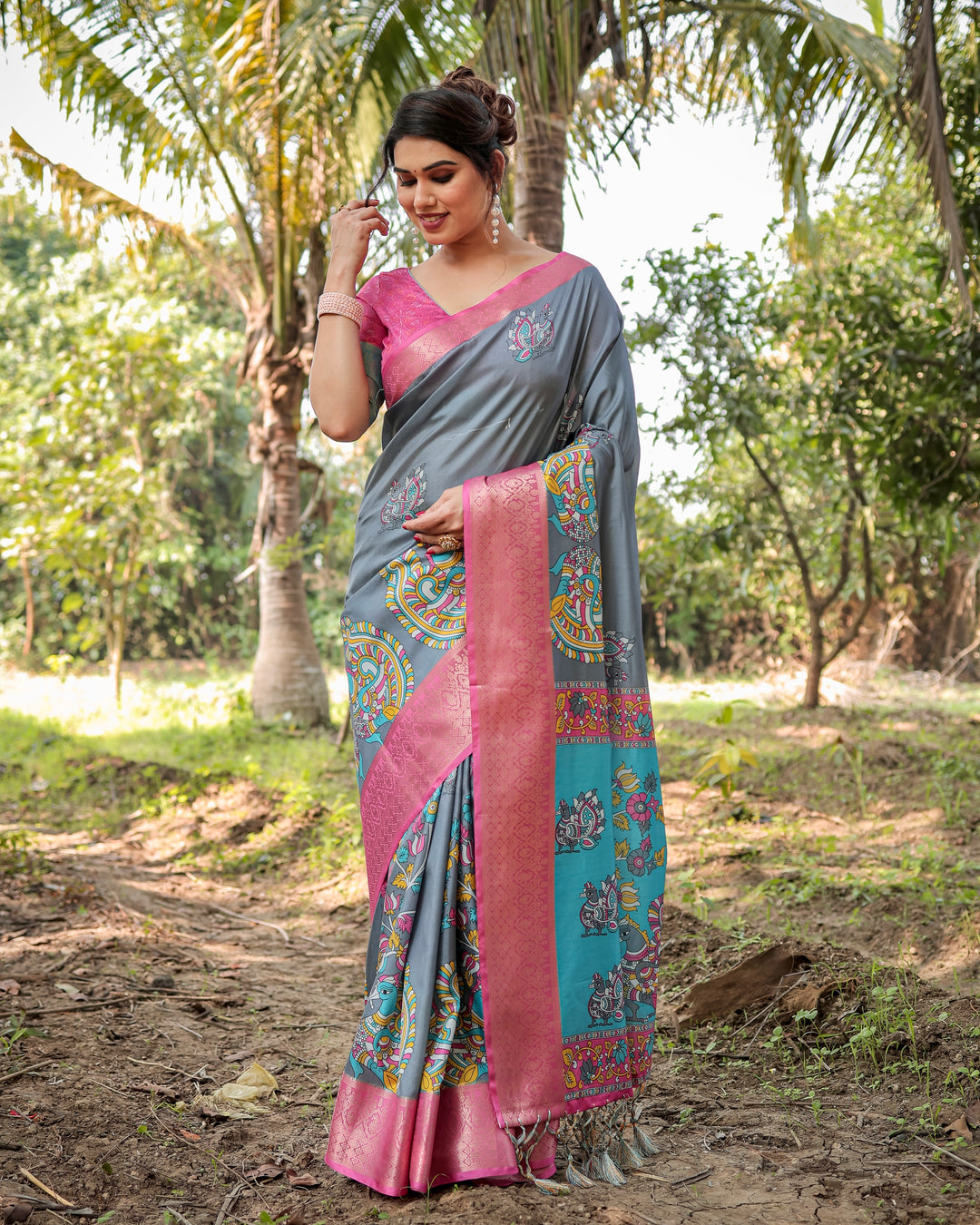 Slate Grey Tussar Silk Saree with Madhubani-Inspired Print, Pink Woven Border, Tassels & Attached Blouse