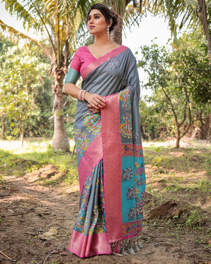 Slate Grey Tussar Silk Saree with Madhubani-Inspired Print, Pink Woven Border, Tassels & Attached Blouse