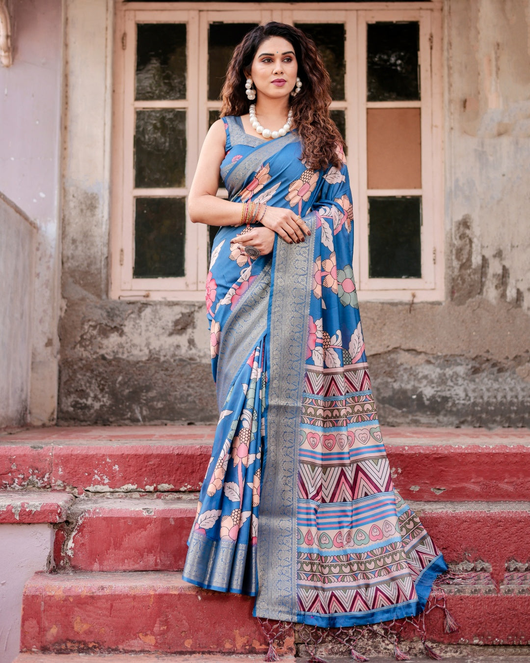 Teal Blue Tussar Silk Saree with Floral Print, Antique Zari Border, Geometric Pallu & Tassels