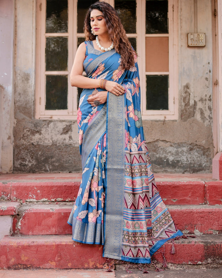 Teal Blue Tussar Silk Saree with Floral Print, Antique Zari Border, Geometric Pallu & Tassels