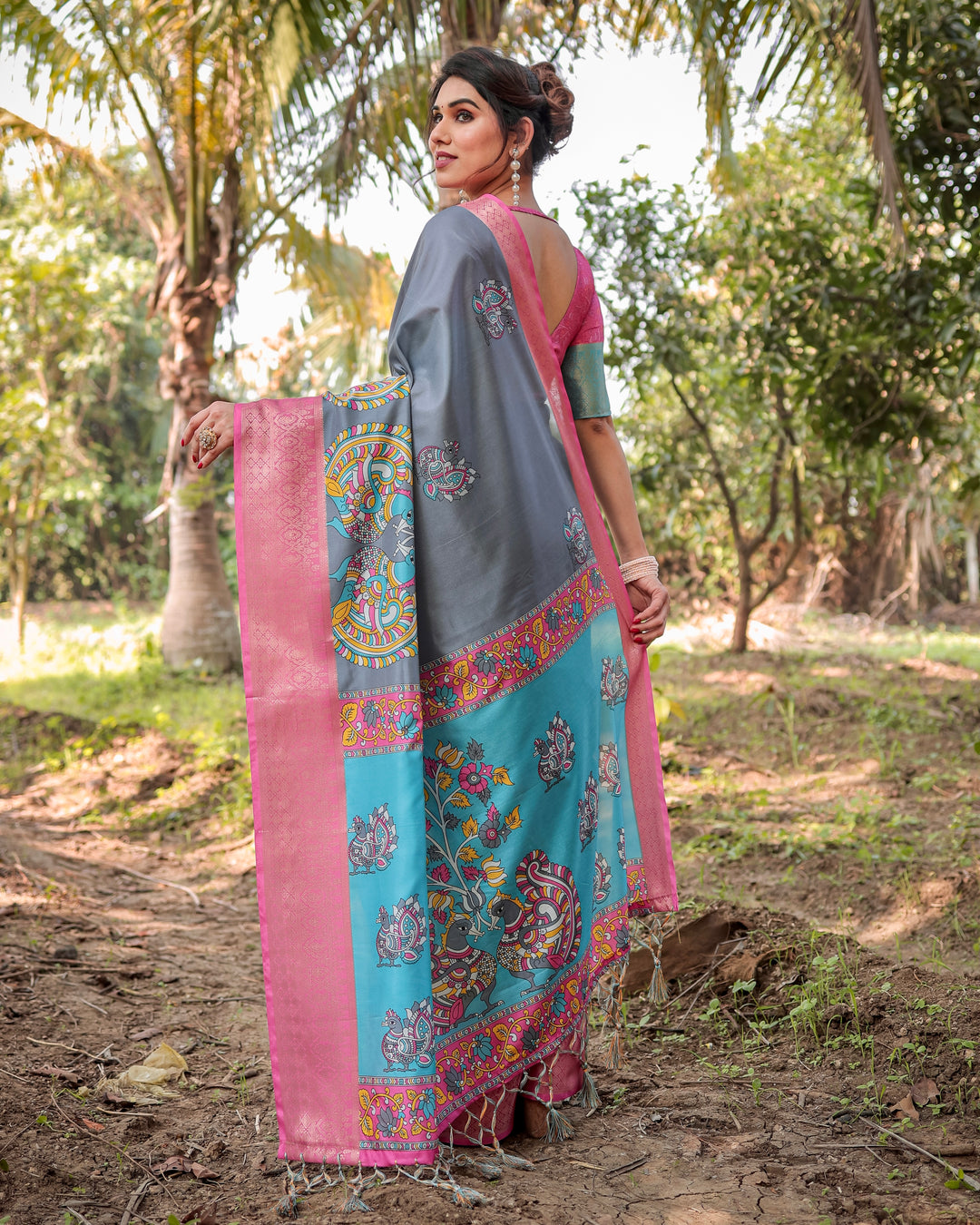 Slate Grey Tussar Silk Saree with Madhubani-Inspired Print, Pink Woven Border, Tassels & Attached Blouse