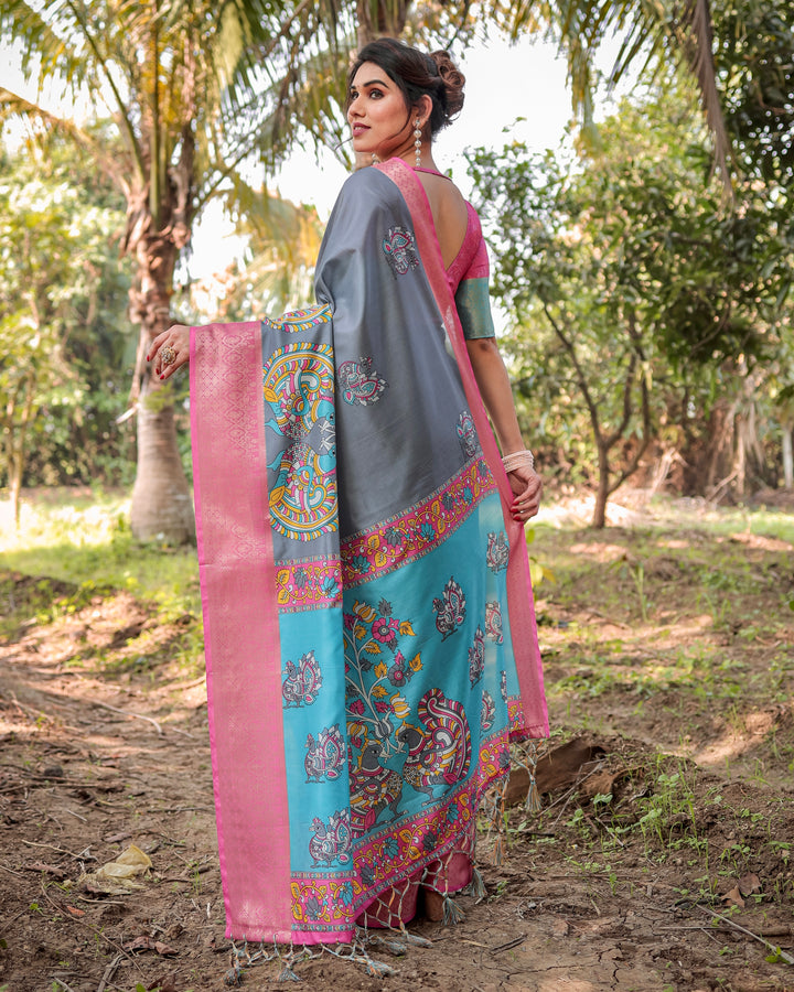 Slate Grey Tussar Silk Saree with Madhubani-Inspired Print, Pink Woven Border, Tassels & Attached Blouse