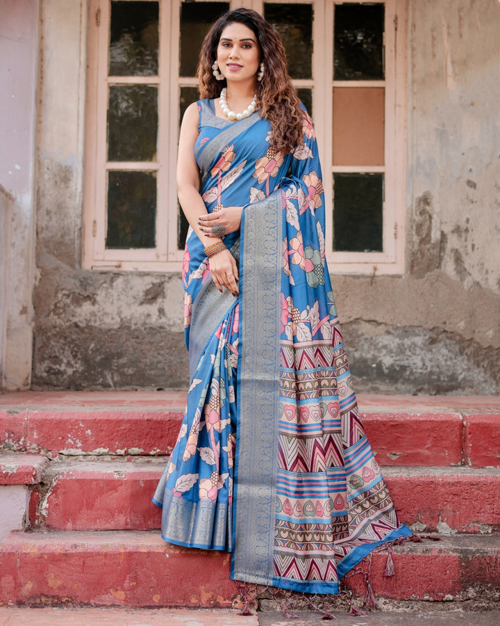 Teal Blue Tussar Silk Saree with Floral Print, Antique Zari Border, Geometric Pallu & Tassels