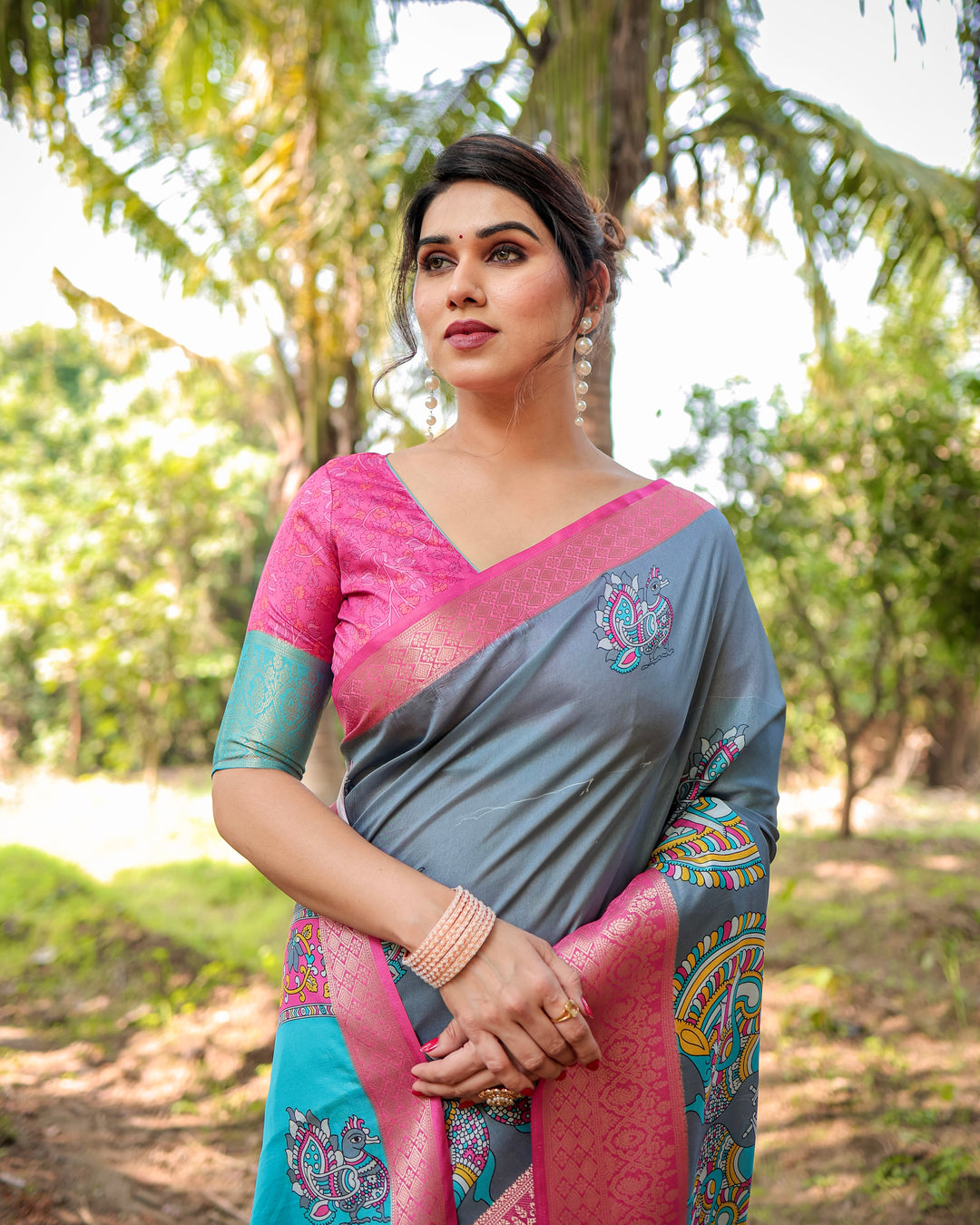 Slate Grey Tussar Silk Saree with Madhubani-Inspired Print, Pink Woven Border, Tassels & Attached Blouse