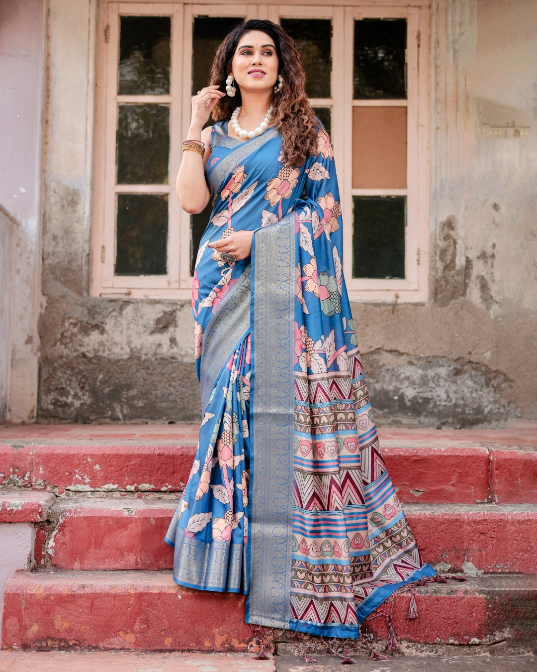 Teal Blue Tussar Silk Saree with Floral Print, Antique Zari Border, Geometric Pallu & Tassels