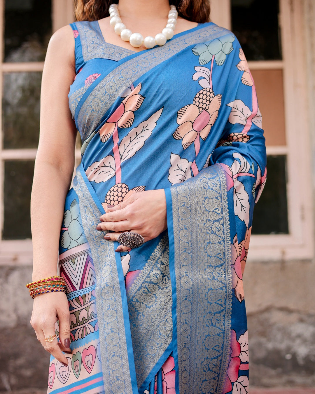 Teal Blue Tussar Silk Saree with Floral Print, Antique Zari Border, Geometric Pallu & Tassels
