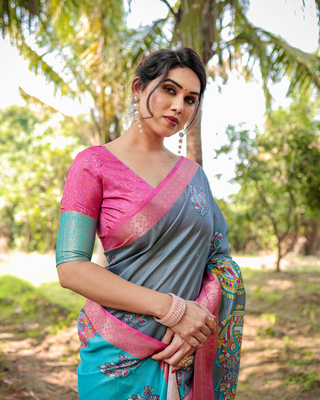 Slate Grey Tussar Silk Saree with Madhubani-Inspired Print, Pink Woven Border, Tassels & Attached Blouse