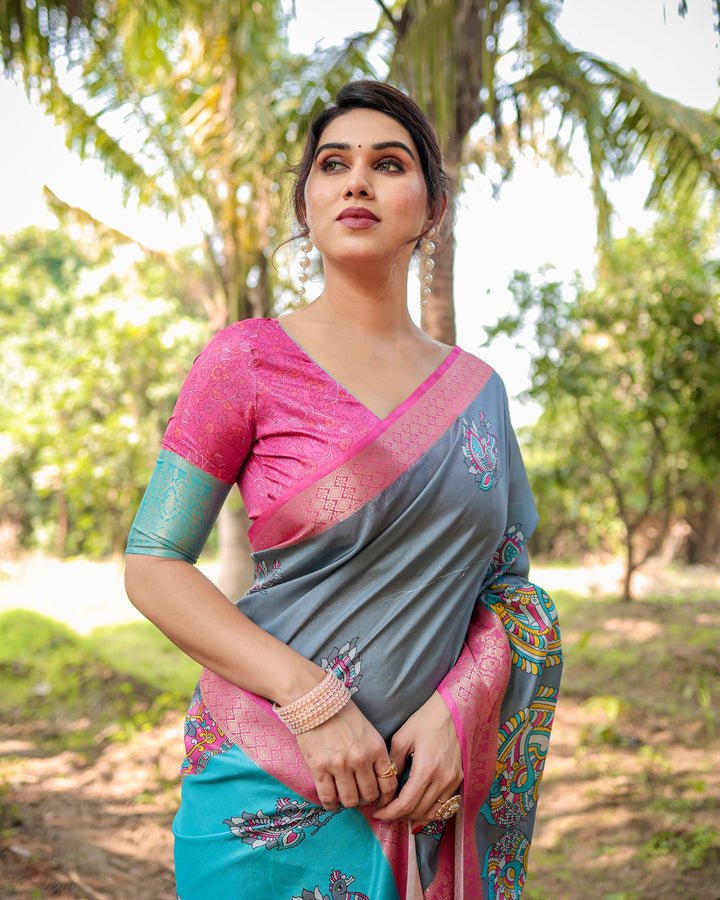 Slate Grey Tussar Silk Saree with Madhubani-Inspired Print, Pink Woven Border, Tassels & Attached Blouse