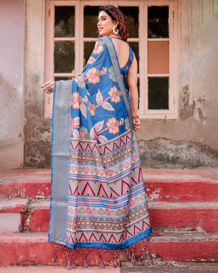 Teal Blue Tussar Silk Saree with Floral Print, Antique Zari Border, Geometric Pallu & Tassels