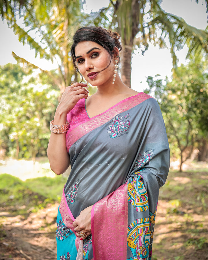 Slate Grey Tussar Silk Saree with Madhubani-Inspired Print, Pink Woven Border, Tassels & Attached Blouse