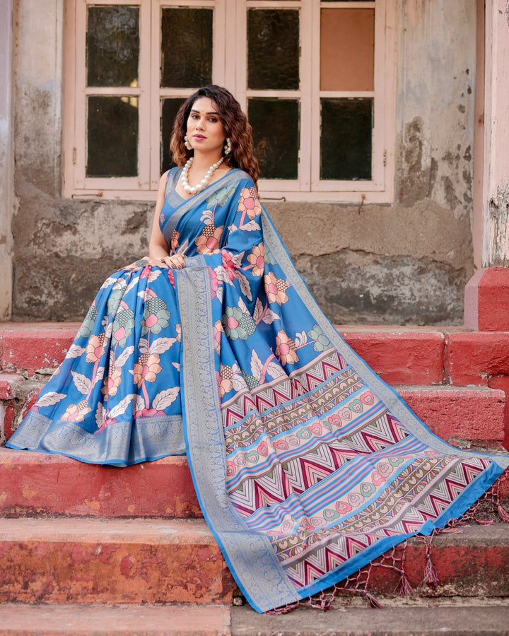 Teal Blue Tussar Silk Saree with Floral Print, Antique Zari Border, Geometric Pallu & Tassels